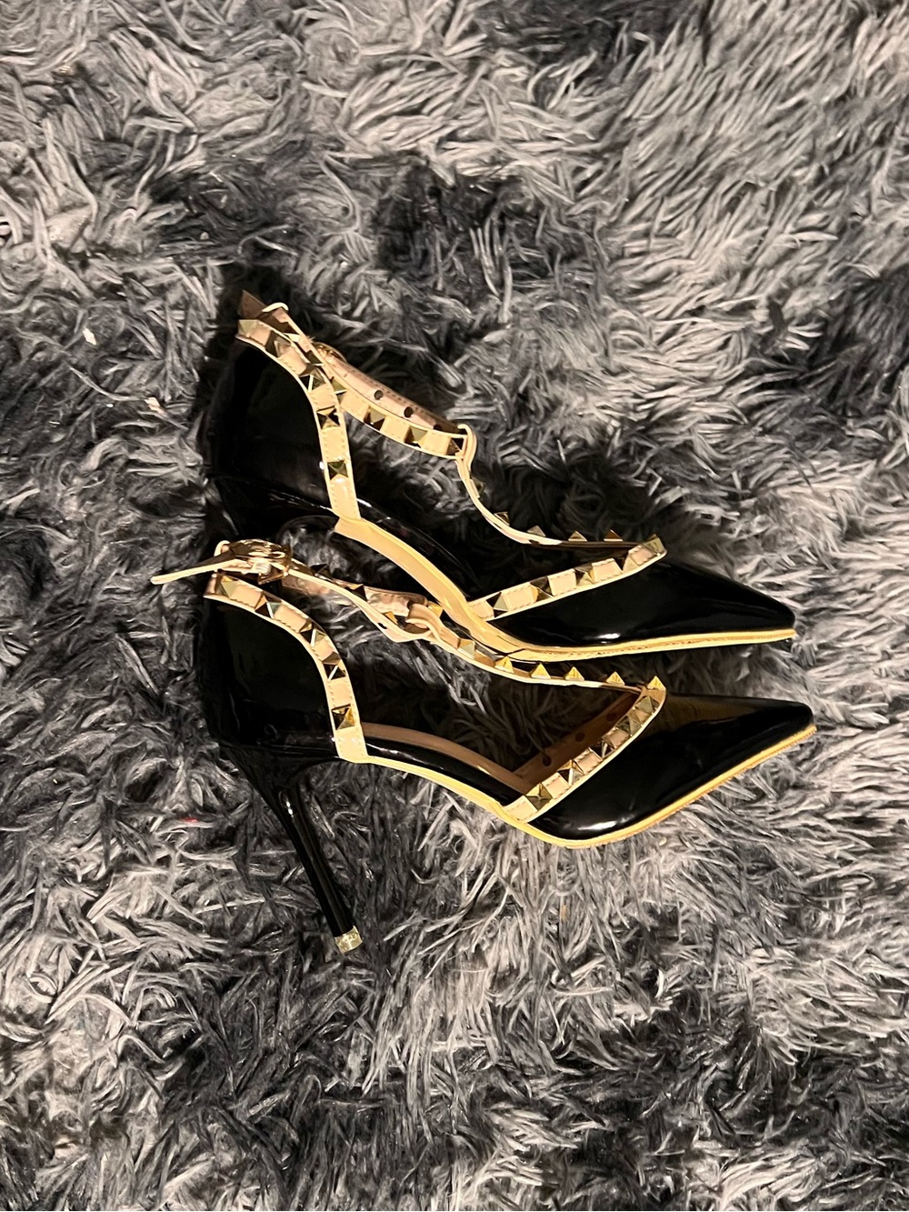 Black Patent Pointed-Toe Stiletto Heels with Gold Stud Trim